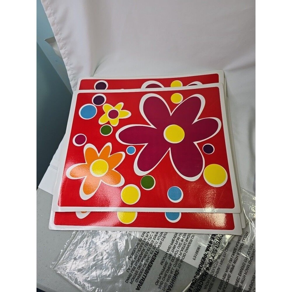 Set Of 4~ AVON  Placemats "Flower Power" Foam Red Yellow Purple Blue 2008 Happy